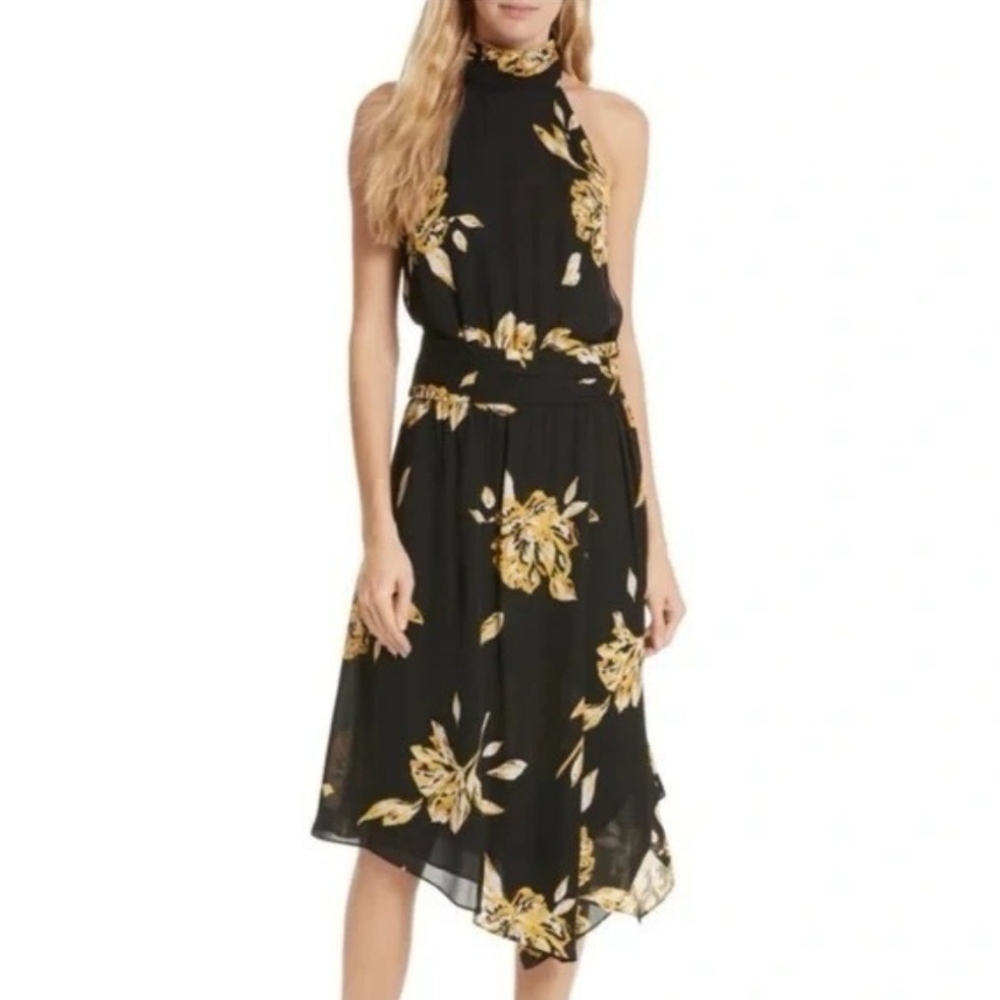 Joie Kehlani Asymmetrical Floral Silk Halter Top Dress Black Yellow Size 00